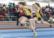 22 March 2014; Sarah Kate Lacey, Kilkenny City Harriers A.C, crosses the finish line to win the U19 Girl's 60m Final. Woodie’s DIY Juvenile Indoor Track and Field Championships, Athlone Institute of Technology Arena, Athlone, Co. Westmeath. Picture credit: Pat Murphy / SPORTSFILE