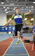 22 March 2014; Ian Brennan, Finn Valley A.C., Co. Donegal, in action during the U18 Boy's Long Jump event. Woodie’s DIY Juvenile Indoor Track and Field Championships, Athlone Institute of Technology Arena, Athlone, Co. Westmeath. Picture credit: Pat Murphy / SPORTSFILE