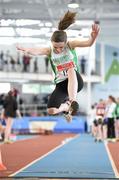 22 March 2014; Eva Kelly, Craughwell A.C., Co. Galway, in action during the U13 Girl's Long Jump event. Woodie’s DIY Juvenile Indoor Track and Field Championships, Athlone Institute of Technology Arena, Athlone, Co. Westmeath. Picture credit: Pat Murphy / SPORTSFILE