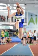 22 March 2014; Michaela Byrne, Finn Valley A.C., Co. Donegal, in action during the U13 Girl's Long Jump event. Woodie’s DIY Juvenile Indoor Track and Field Championships, Athlone Institute of Technology Arena, Athlone, Co. Westmeath. Picture credit: Pat Murphy / SPORTSFILE
