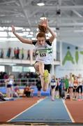 22 March 2014; Orla Winston, Clonmel A.C., Co. Tipperary, in action during the U13 Girl's Long Jump event. Woodie’s DIY Juvenile Indoor Track and Field Championships, Athlone Institute of Technology Arena, Athlone, Co. Westmeath. Picture credit: Pat Murphy / SPORTSFILE