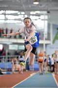 22 March 2014; Emma Coroner, Ratoath A.C., Co. Meath, in action during the U13 Girl's Long Jump event. Woodie’s DIY Juvenile Indoor Track and Field Championships, Athlone Institute of Technology Arena, Athlone, Co. Westmeath. Picture credit: Pat Murphy / SPORTSFILE
