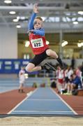 22 March 2014; Lee Pearson, Edenderry A.C., Offaly, in action during the U13 Boy's Long Jump event. Woodie’s DIY Juvenile Indoor Track and Field Championships, Athlone Institute of Technology Arena, Athlone, Co. Westmeath. Picture credit: Pat Murphy / SPORTSFILE