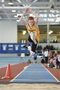 22 March 2014; Enda Minogue, Brothers Pearse A.C., in action during the U13 Boy's Long Jump event. Woodie’s DIY Juvenile Indoor Track and Field Championships, Athlone Institute of Technology Arena, Athlone, Co. Westmeath. Picture credit: Pat Murphy / SPORTSFILE