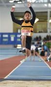 22 March 2014; Wymin Sivakumar, Leevale A.C., in action during the U13 Boy's Long Jump event. Woodie’s DIY Juvenile Indoor Track and Field Championships, Athlone Institute of Technology Arena, Athlone, Co. Westmeath. Picture credit: Pat Murphy / SPORTSFILE