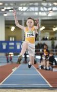 22 March 2014; Michael Farrelly, Portmarnock A.C., in action during the U13 Boy's Long Jump event. Woodie’s DIY Juvenile Indoor Track and Field Championships, Athlone Institute of Technology Arena, Athlone, Co. Westmeath. Picture credit: Pat Murphy / SPORTSFILE