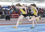 22 March 2014; Sarah Kate Lacey, left, Kilkenny City Harriers A.C, crosses the finish line to win the U19 Girl's 60m Final. Woodie’s DIY Juvenile Indoor Track and Field Championships, Athlone Institute of Technology Arena, Athlone, Co. Westmeath. Picture credit: Pat Murphy / SPORTSFILE