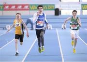 22 March 2014; Matthew Buckley, Ratoath A.C., Meath, on his way to winning the U13 Boy's 60m Final ahead of second placed Michael Farrelly, Portmarnock A.C., Dublin, left, and third placed Daniel Hurley, Old Abbey A.C., Cork, right. Woodie’s DIY Juvenile Indoor Track and Field Championships, Athlone Institute of Technology Arena, Athlone, Co. Westmeath. Picture credit: Pat Murphy / SPORTSFILE