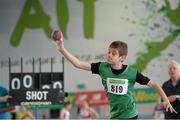 22 March 2014; Gavin Doran, Cabinteely A.C., in action during the Boy's U13 Shot Putt event. Woodie’s DIY Juvenile Indoor Track and Field Championships, Athlone Institute of Technology Arena, Athlone, Co. Westmeath. Picture credit: Pat Murphy / SPORTSFILE