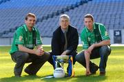 13 October 2005; Leinster manager Val Andrews with county players Noel Garvan, Laois, left, and Barry Cahill, Dublin, right, at the launch of the M Donnelly Interprovincial Championship 2005. Croke Park, Dublin. Picture credit: Brian Lawless / SPORTSFILE