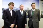 17 October 2005; Mr John O'Donoghue, TD, Minister for Arts, Sport and Tourism with John Delaney, left, Chief Executive of the FAI, and Philip Browne, right, Chief Executive of the IRFU, at a briefing to unveil the design of the new Lansdowne Road Stadium. The design is for a 50,000 all seated stadium. Lansdowne Road, Dublin. Picture credit: Damien Eagers / SPORTSFILE