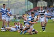 23 March 2014; Patrick Patterson, Blackrock College, dives over to score the opening try of the match despite the tackle of Ruadhan Byron, Belvedere College. Beauchamps Leinster Schools Junior Cup Final, Blackrock College v Belvedere College, Tallaght Stadium, Tallaght, Dublin. Picture credit: Ramsey Cardy / SPORTSFILE