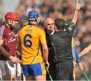 23 March 2014; Galway manager Anthony Cunningham speaks with referee Diarmuid Kirwan which resulted in a free being brought in another thirteen metres. Allianz Hurling League Division 1A Round 5, Clare v Galway, Cusack Park, Ennis, Co. Clare. Picture credit: Ray Ryan / SPORTSFILE