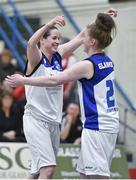 23 March 2014; Niamh Dwyer, left, and Hannah McCarthy, Team Montenotte Hotel, celebrate after the game. Basketball Ireland Women’s Premier League Final, UL Huskies, Limerick v Team Montenotte Hotel, Cork, Neptune Stadium, Cork. Picture credit: Brendan Moran / SPORTSFILE