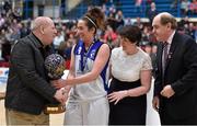 23 March 2014; Team Montenotte Hotel captain Grainne Dwyer is presented with the trophy by Ken Clarke, Competitions Standing Committee, Basketball Ireland, in the company if Theresa Walsh, Competitions Standing Committee and Gerry Kelly, President, Basketball Ireland. Basketball Ireland Women’s Premier League Final, UL Huskies, Limerick v Team Montenotte Hotel, Cork, Neptune Stadium, Cork. Picture credit: Brendan Moran / SPORTSFILE