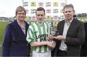 23 March 2014; Jimmy Carr, St Michael's FC, is presented with the Man of the Match award by Declan Barriscale, Aviva Ireland, right, and Teresa McCabe, FAI Junior Council President. FAI Junior Cup, Quarter-Final, Carew Park FC v St Michaels FC, Carew Park, Limerick. Picture credit: Diarmuid Greene / SPORTSFILE