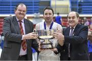 23 March 2014; C&S UCC Demons captain Shane Coughlan is presented with the Champions Trophy by Bernard O'Byrne, left, Chief Executive, Basketball Ireland and Gerry Kelly, President, Basketball Ireland. Basketball Ireland Champions Trophy Final, C&S UCC Demons, Cork v Killester, Dublin. Neptune Stadium, Cork. Picture credit: Brendan Moran / SPORTSFILE