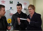 23 March 2014; FAI Junior Council President Teresa McCabe draws the name of Ballynanty Rovers, in the company of Alan Cawley, centre, and Aidan Power, left, during the FAI Junior Cup Semi-Final Draw. Carew Park, Limerick. Picture credit: Diarmuid Greene / SPORTSFILE
