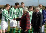 23 March 2014; St Michael's FC players are greeted by Mayor of Limerick, Councillor Kathleen Leddin and Willie O'Dea TD, before the game. FAI Junior Cup, Quarter-Final, Carew Park FC v St Michaels FC, Carew Park, Limerick. Picture credit: Diarmuid Greene / SPORTSFILE