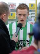 23 March 2014; Man of the Match Jimmy Carr, St Michael's FC, speaking after the game. FAI Junior Cup, Quarter-Final, Carew Park FC v St Michaels FC, Carew Park, Limerick. Picture credit: Diarmuid Greene / SPORTSFILE