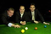 18 October 2005; Fergal O'Brien, centre, and Ken Doherty with Ian Marmion, left, Head of Victor Chandler Ireland, at the launch of the The Irish Professional Snooker Championship which will take place for the first time in 12 years. Sponsored by VCPoker.ie, the Championship will take place in the Spawell Club in Templeogue in Dublin. The competition gets under way on Saturday October 22nd with the final taking place on Wednesday October 26th. Spawell Club, Templogue, Dublin. Picture credit: Brendan Moran / SPORTSFILE