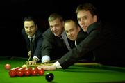 18 October 2005; Michael Judge, left, Fergal O'Brien, 2nd from left, Ian Marmion, 3rd from left, Head of Victor Chandler Ireland, and Ken Doherty at the launch of the The Irish Professional Snooker Championship which will take place for the first time in 12 years. Sponsored by VCPoker.ie, the Championship will take place in the Spawell Club in Templeogue in Dublin. The competition gets under way on Saturday October 22nd with the final taking place on Wednesday October 26th. Spawell Club, Templogue, Dublin. Picture credit: Brendan Moran / SPORTSFILE