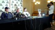 20 October 2005; Managers Kevin Sheedy, left, and Pete McGrath and Irish captain Padraic Joyce are photographed behind the Cormac McAnallen Cup during the final Press Conference advance of the Fosters International Rules game between Australia and Ireland, Sheraton Perth Hotel, Adelaide Terrace, Perth, Western Australia. Picture credit; Ray McManus / SPORTSFILE
