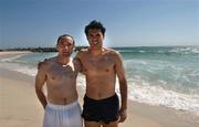 20 October 2005; The two All-Ireland winning captains Brian Dooher, football and Sean Og O hAilpin, hurling, after a swim in the Indian Ocean at Cottesloe Beach advance of the Fosters International Rules game between Australia and Ireland. Cottesloe, Perth, Western Australia. Picture credit; Ray McManus / SPORTSFILE
