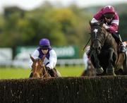 20 October 2005; War Of Attrition, with Conor O'Dwyer up jumps the last from eventual third, Kicking King with Barry Geraghty up, on their way to winning the Daily Star Steeplechase. Punchestown Racecourse, Co. Kildare. Picture credit: Damien Eagers / SPORTSFILE