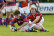 22 October 2005; Marc Hewitt, Clontarf, goes over for a try despite the tackle of John O'Connor, UL Bohemians. AIB All-Ireland League, Division 1, Clontarf v UL Bohemians. Castle Avenue, Clontarf, Dublin. Picture credit: Matt Browne / SPORTSFILE