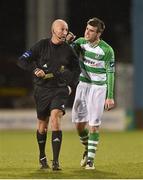 24 March 2014; Shamrock Rovers' Robert Bayly remonstrates with referee Paul Tuite after receiving a booking. Setanta Sports Cup, Semi-Final, 1st Leg, Shamrock Rovers v Dundalk, Tallaght Stadium, Tallaght, Co. Dublin. Picture credit: David Maher / SPORTSFILE