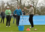 25 March 2014; In attendance at the  launch of AIG Ireland’s partnership with the Golfing Union of Ireland and Irish Ladies Golf Union are, from left, golfer Olivia Mehaffey, former Munster and all Black great Doug Howlett and golfer Shane Lowry after Lowry hit the goalposts with a golf ball. AIG Ireland, the Golfing Union of Ireland and Irish Ladies Golf Union today announced details of a partnership that will see the leading international insurance organisation continue its support of amateur men’s and women’s golf throughout the country. The announcement marks the extension of AIG Ireland’s 16 year association with the GUI and strengthens the organisations links to the ILGU. Carton House, Maynooth, Co. Kildare. Picture credit: Brendan Moran / SPORTSFILE
