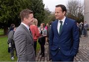 26 March 2014; Leo Varadkar T.D., Minister for Transport, Tourism and Sport, speaking with Brian O'Driscoll at a Government reception to formally honour the Ireland rugby squad in recognition of their achievement in winning the Six Nations Championship. Farmleigh House, Phoenix Park, Dublin. Picture credit: Matt Browne / SPORTSFILE