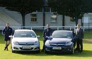 20 October 2005; Leinster Rugby players Rob Kearney, left, and Felipe Contepomi who both received an Opel Astra Sport Hatch from Brian Priestman of Kenilworth Motors, Dublin. RDS, Ballsbridge, Dublin. Picture credit: Matt Browne / SPORTSFILE