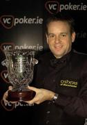 26 October 2005; A victorious Joe Swail with his trophy after defeating Ken Doherty 9 frames to 7. Swail also picked up a cheque for 500 euro for highest tournament break (142) which he recorded against Martin McCrudden in the quarter final. Swail becomes the first person to win the title since Ken Doherty in 1993. vcpoker.ie Irish Professional Snooker Championship Final, Ken Doherty.v.Joe Swail, Spawell, Tempelogue, Dublin. Picture credit: Brendan Moran / SPORTSFILE