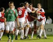 28 October 2005; Darragh Maguire, second from right, St. Patrick's Athletic, celebrates after scoring his sides first goal with team-mates, left to right, Alan Reilly, Stephen Caffrey, Robbie Doyle, and Vinny Perth. eircom League, Premier Division, Cork City v St. Patrick's Athletic, Turners Cross, Cork. Picture credit: David Maher / SPORTSFILE