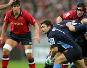 29 October 2005; Mathieu Barrau, Castres Olympique, is tackled by Donncha O'Callaghan and Denis Leamy, Munster. Heineken Cup 2005-2006, Pool 1, Munster v Castres Olympique, Thomond Park, Limerick. Picture credit; Kieran Clancy / SPORTSFILE