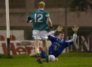 29 October 2005; Padraig Clancy, Leinster, has his shot blocked by Connacht goalkeeper David Clarke. M Donnelly Interprovincial Football Championship Semi-Final, Leinster v Connacht, Parnell Park, Dublin. Picture credit: Damien Eagers / SPORTSFILE