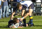 30 October 2005; Leinster's Ciaran Potts is congratulated by team-mate Brian O'Riordan, right, after scoring his sides second try. Heineken Cup 2005-2006, Pool 5, Glasgow Warriors v Leinster, Hughenden, Glasgow, Scotland. Picture credit: Brian Lawless / SPORTSFILE