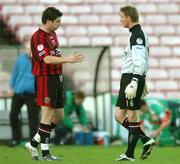 31 October 2005; Bohemians players Ken Oman, left and goalkeeper Matt Gregg in discussion after a mistake which lead to Cork City's first goal. eircom League, Premier Division, Bohemians v Cork City, Dalymount Park, Dublin. Picture credit: David Maher / SPORTSFILE