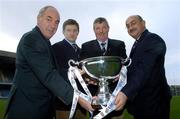 3 November 2005; At the draw for the new AIB Cup, from left to right, are Andy Crawford, President of the IRFU, Eamon Foley, Captain, Cashel, Peter Silke, President Cashel, and Jim Kelly, Sponsorship manager, AIB. It was also announced that Mick Galwey, former Irish Rugby International and current Shannon coach, is to take up the position of manager of the AIB Club International team, which is an Irish team consisting wholly of club players. Lansdowne Road, Dublin. Picture credit: Brian Lawless / SPORTSFILE
