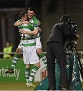 28 March 2014; Ryan Brennan, right, Shamrock Rovers, celebrates with team-mate Ciaran Kilduff after scoring his side's first goal. Airtricity League Premier Division, Shamrock Rovers v Sligo Rovers, Tallaght Stadium, Tallaght, Co. Dublin. Picture credit: David Maher / SPORTSFILE