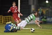 28 March 2014; Ciaran Kilduff, Shamrock Rovers, in action against Gary Rogers, Sligo Rovers. Airtricity League Premier Division, Shamrock Rovers v Sligo Rovers, Tallaght Stadium, Tallaght, Co. Dublin. Picture credit: David Maher / SPORTSFILE