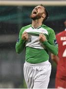 28 March 2014; Sean O'Connor, Shamrock Rovers, reacts after his attempt on goal went wide. Airtricity League Premier Division, Shamrock Rovers v Sligo Rovers, Tallaght Stadium, Tallaght, Co. Dublin. Picture credit: David Maher / SPORTSFILE