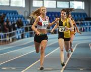 29 March 2014; Laura Ann Costello, Galway City Harriers A.C., left, crosses the finish line to win the U19 Girl's 4x200m Final at the Woodie’s DIY Juvenile Indoor Track and Field Championships. The Galway City Harriers A.C. team of Laura Ann Costello, Maebh Brannigan, Alanna Lally and Roisin Dobey set a new record time of 1.45:92, beating the previous record by 1.26 seconds. Athlone Institute of Technology International Arena, Athlone, Co. Westmeath. Picture credit: Pat Murphy / SPORTSFILE