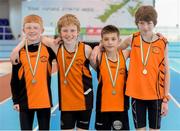 29 March 2014; The Nenagh Olympic A.C. team of, from left, Aaron Walsh, Josh Egan, Aaron Morgan and Ted Collins who won the U13 Boy's 4x100m Final at the Woodie’s DIY Juvenile Indoor Track and Field Championships. Athlone Institute of Technology International Arena, Athlone, Co. Westmeath. Picture credit: Pat Murphy / SPORTSFILE