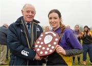 29 March 2014; Railway Union captain Sinead O'Donnell is presented with the Paul Cusack Plate by Leinster Branch President Paul Derring. The Paul Cusack Plate Final, Railway Union v Tallaght, NUIM Barhnall RFC, Leixlip, Co. Kildare. Picture credit: Barry Cregg / SPORTSFILE