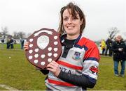 29 March 2014; Mullingar captain Niamh Kennedy with the trophy after the game. The Paul Flood Plate Final, Mullingar v Wexford Wanderers, NUIM Barhnall RFC, Leixlip, Co. Kildare. Picture credit: Barry Cregg / SPORTSFILE