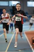 29 March 2014; David McDonald, Menapians A.C., crosses the finish line to win the U16 Boy's 4x200m Final at the Woodie’s DIY Juvenile Indoor Track and Field Championships. Athlone Institute of Technology International Arena, Athlone, Co. Westmeath. Picture credit: Pat Murphy / SPORTSFILE