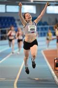 29 March 2014; Sarah Torrens, Dundrum South Dublin A.C., celebrates as she crosses the finish line to win the U16 Girl's 4x200m Final at the Woodie’s DIY Juvenile Indoor Track and Field Championships. Athlone Institute of Technology International Arena, Athlone, Co. Westmeath. Picture credit: Pat Murphy / SPORTSFILE